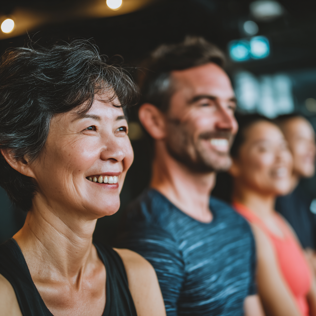Happy Kazakh adults of various ages exercising together in a modern fitness center