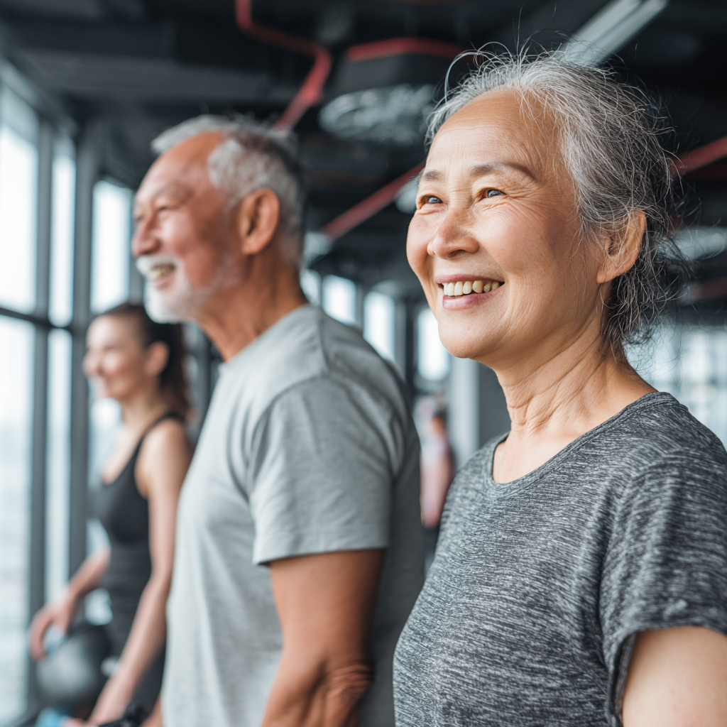 Happy Kazakh adults celebrating fitness achievements together outdoors
